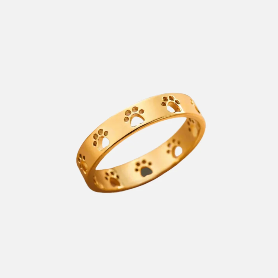 Gold paw print band ring, stainless steel with engraved paw and paw pad details