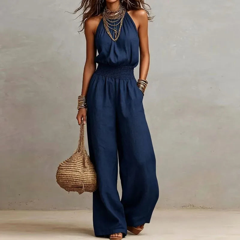 Summer Plain High Waist Ladies Jumpsuits Elegant Halter Tie-up Backless Rompers Casual Sleeveless Wide Leg Overalls