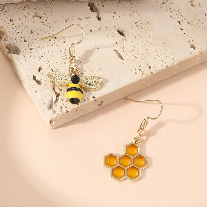 Honeycomb & Bee Drop Earrings – Gold Tone Jewellery for Women