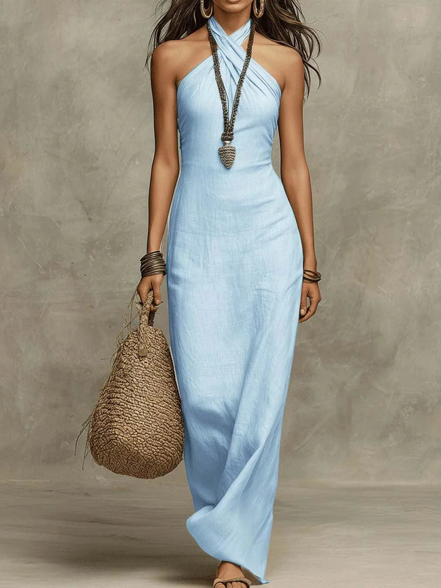 Women's Summer New Bohemian Off-Shoulder Sleeveless Dresses Solid Hollow Slim Long Dress Chic Sexy Halter Criss Cross Party Dress