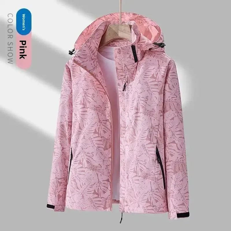 Pink waterproof hooded jacket with full front zipper and storm hood