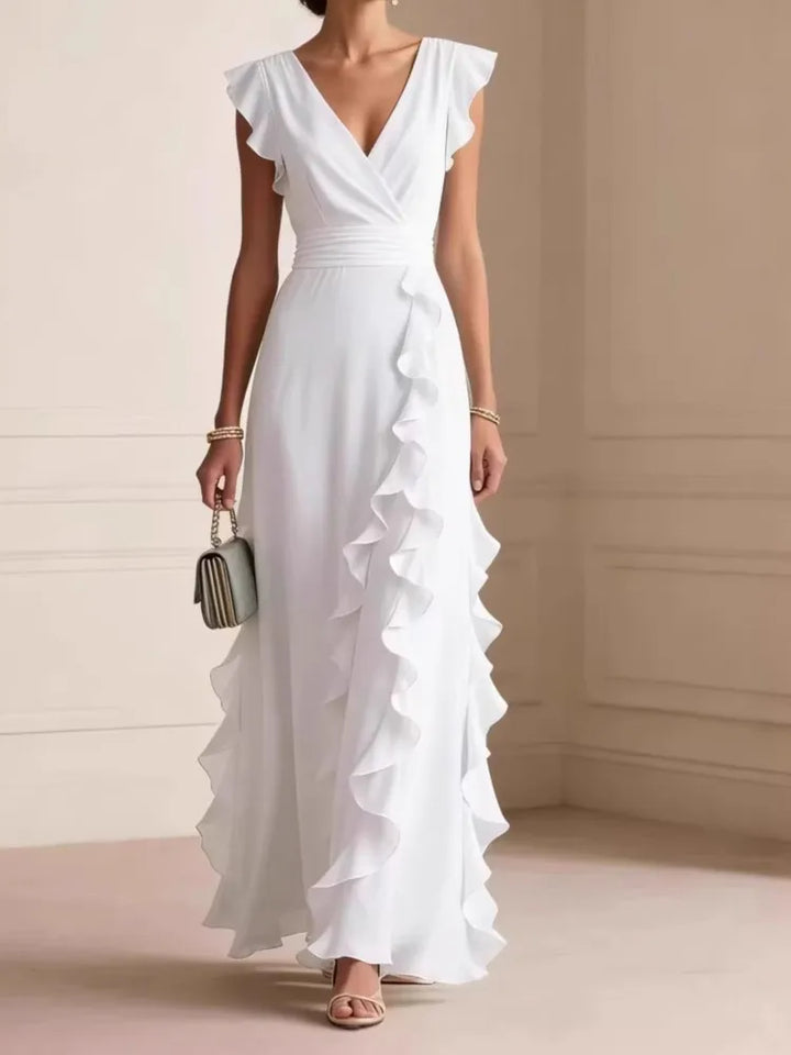 Ladies' Elegant Plain Colour Ruffle Sleeveless Sexy V-Neck Long Dress Fashion Bohemian Ladies' Party Evening Maxi Dresses Gown