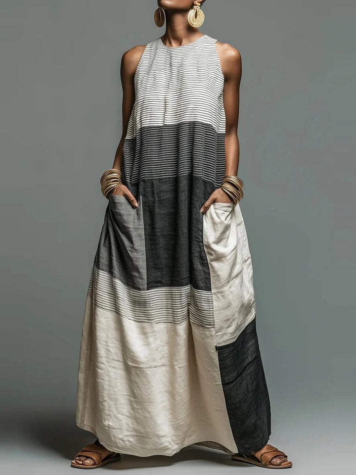 Summer Dress for Women, Stylish Colour Block Patchwork, Loose Sleeveless Tank Dress, Long Dress, Trendy Casual Dress with Pockets