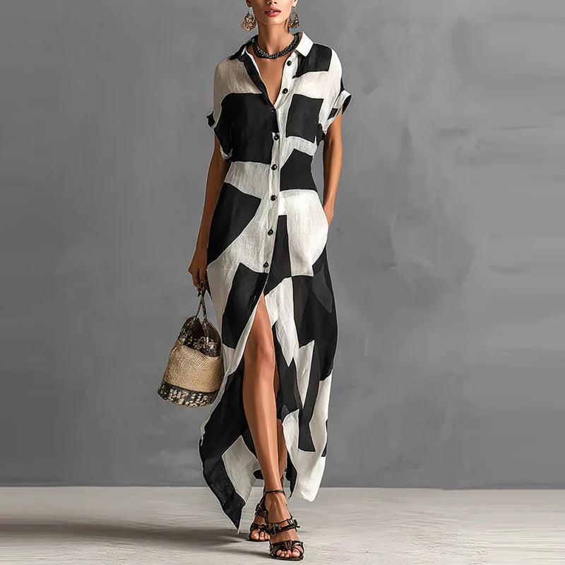 Summer dress with geometric print, lapel collar, button closure, pockets, long dress for women, short sleeves, maxi dress