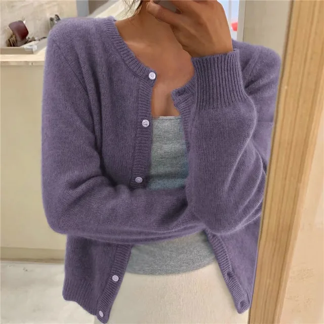 Purple soft-knit cardigan with button front, round neck, long sleeves, ribbed cuffs and hem