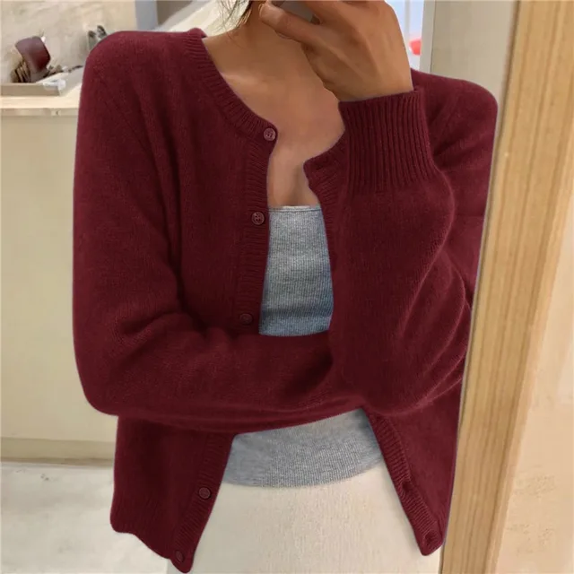 Red soft-knit cardigan with button front, round neck, long sleeves, ribbed cuffs and hem