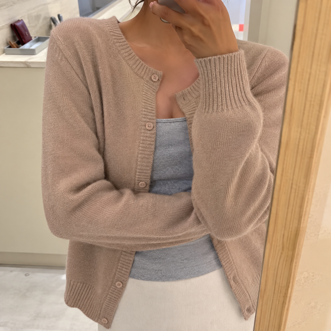 Khaki soft-knit cardigan with button front, round neck, long sleeves, ribbed cuffs and hem