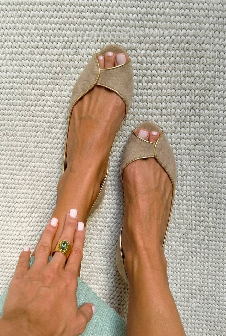 Penny - Beige and Gold Suede Open-Toe Flats