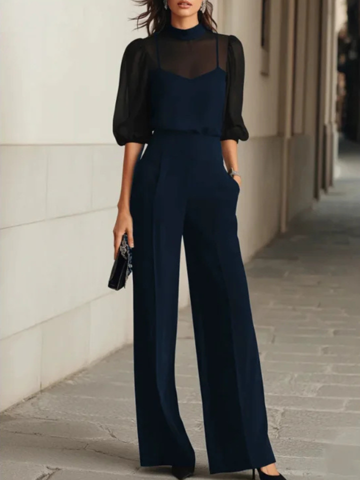 Navy chiffon wide-leg trousers with sheer puff-sleeve top, three-piece set