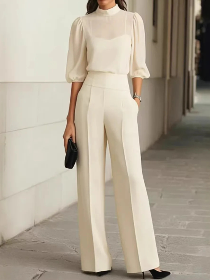 Off-white chiffon wide-leg trousers with sheer puff-sleeve top, three-piece set