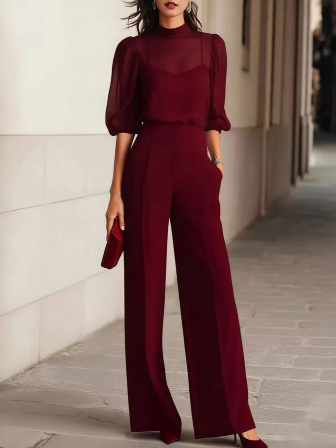 Burgundy chiffon wide-leg trousers with sheer puff-sleeve top, three-piece set