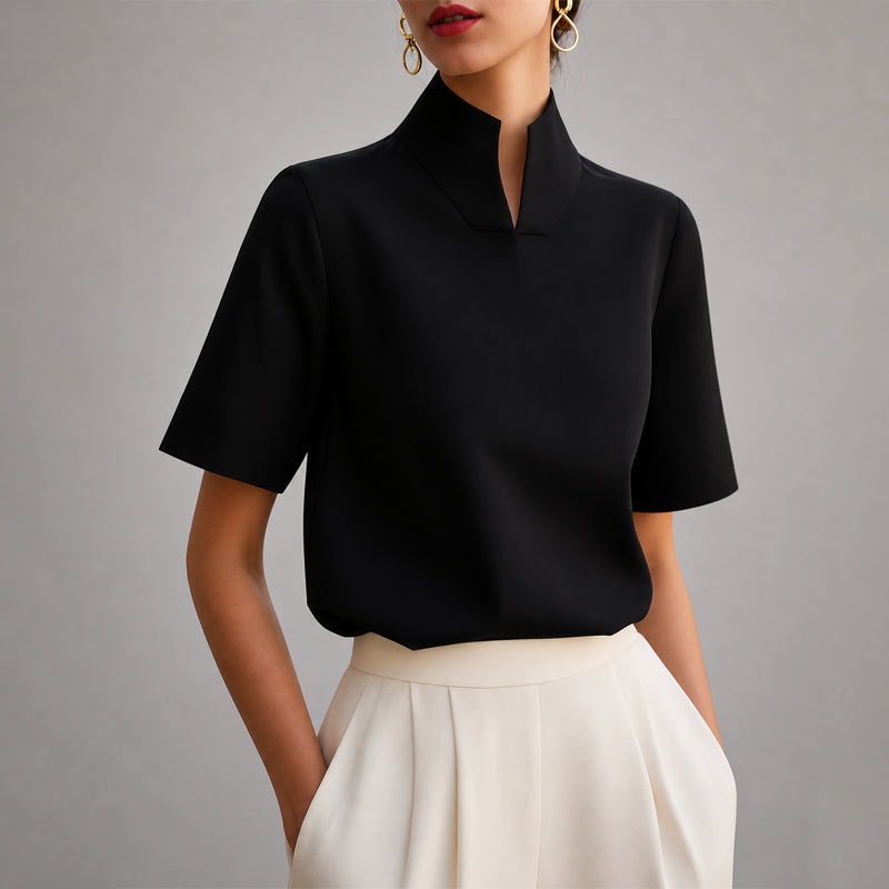 Black structured mock-neck V-cut blouse with short sleeves