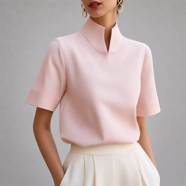 Pink structured mock-neck V-cut blouse with short sleeves