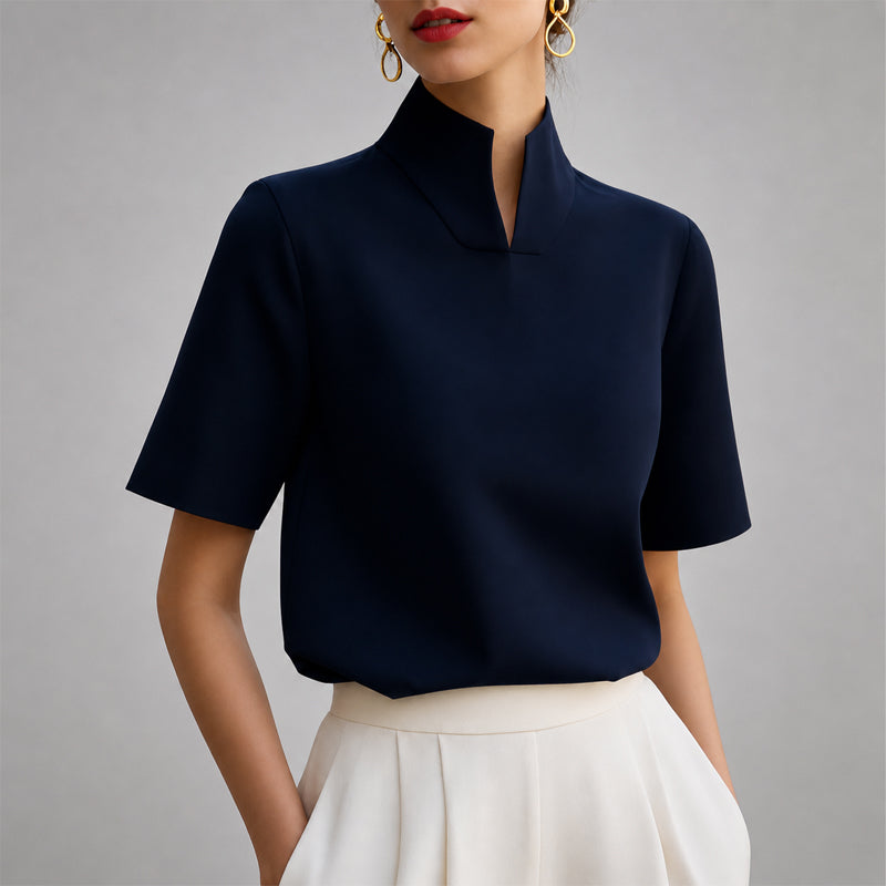 Dark blue structured mock-neck V-cut blouse with short sleeves