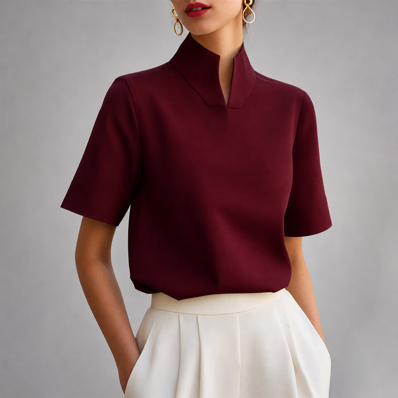 Burgundy structured mock-neck V-cut blouse with short sleeves