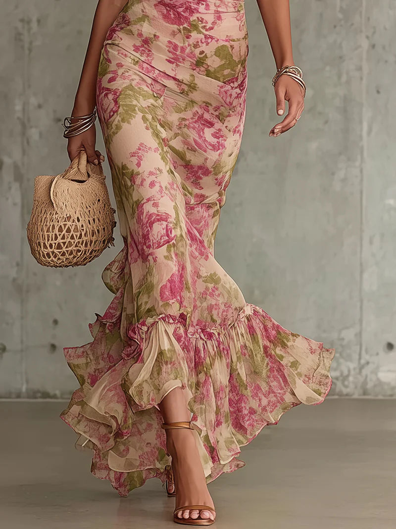 Maxi Dress with Vintage Rose Print and Balloon Sleeves (Accessories not included)