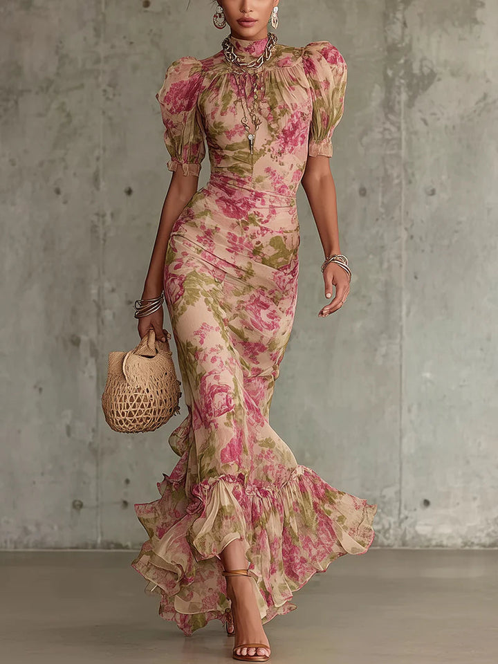 Maxi Dress with Vintage Rose Print and Balloon Sleeves (Accessories not included)