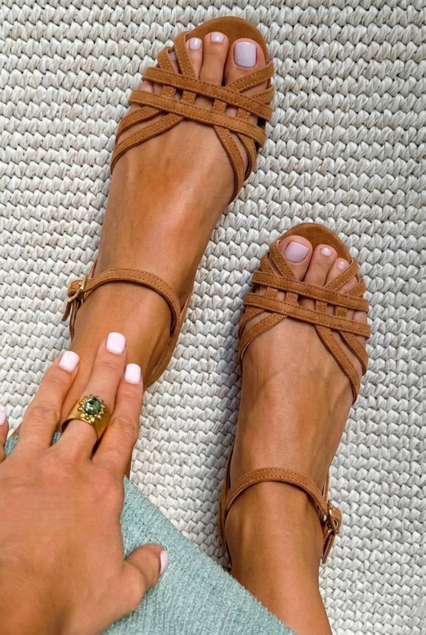 Faux Suede Low Sandals with Ankle Strap and Multiple Straps