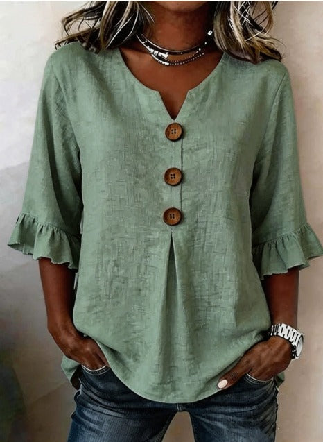 Sophia Solid Colour Blouse with Wooden Buttons and Ruffles