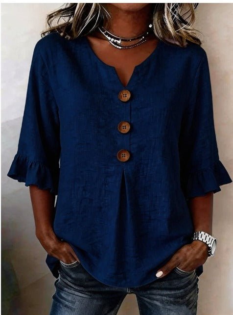 Sophia Solid Colour Blouse with Wooden Buttons and Ruffles