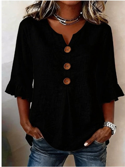 Sophia Solid Colour Blouse with Wooden Buttons and Ruffles
