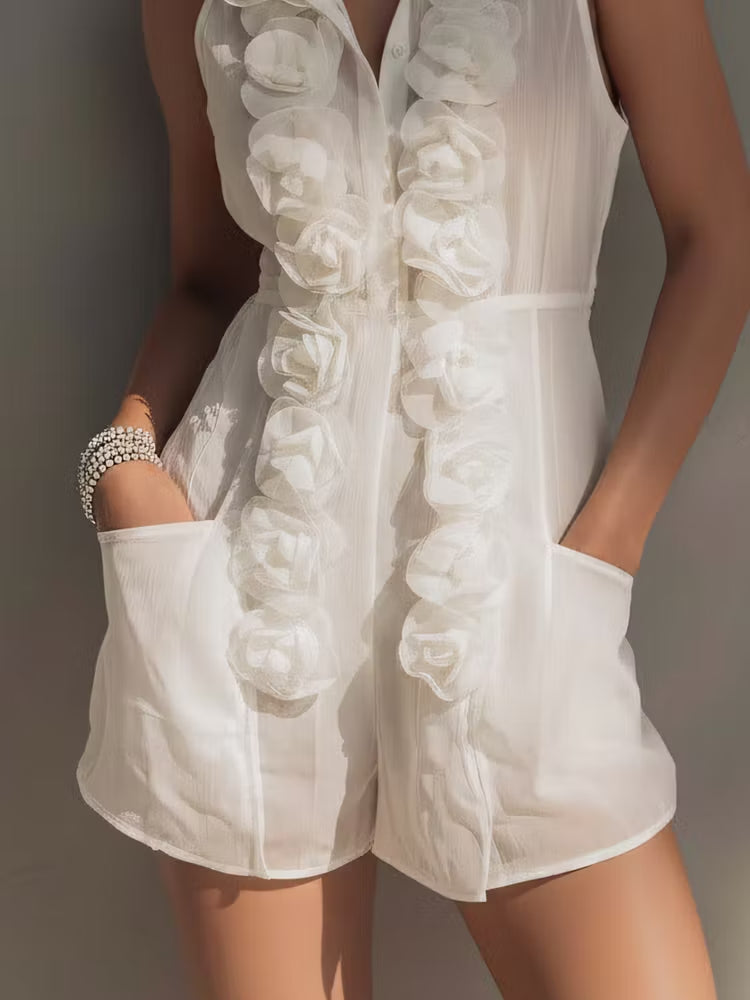 White Cotton-Linen Sleeveless Jumpsuit with 3D Floral Motif