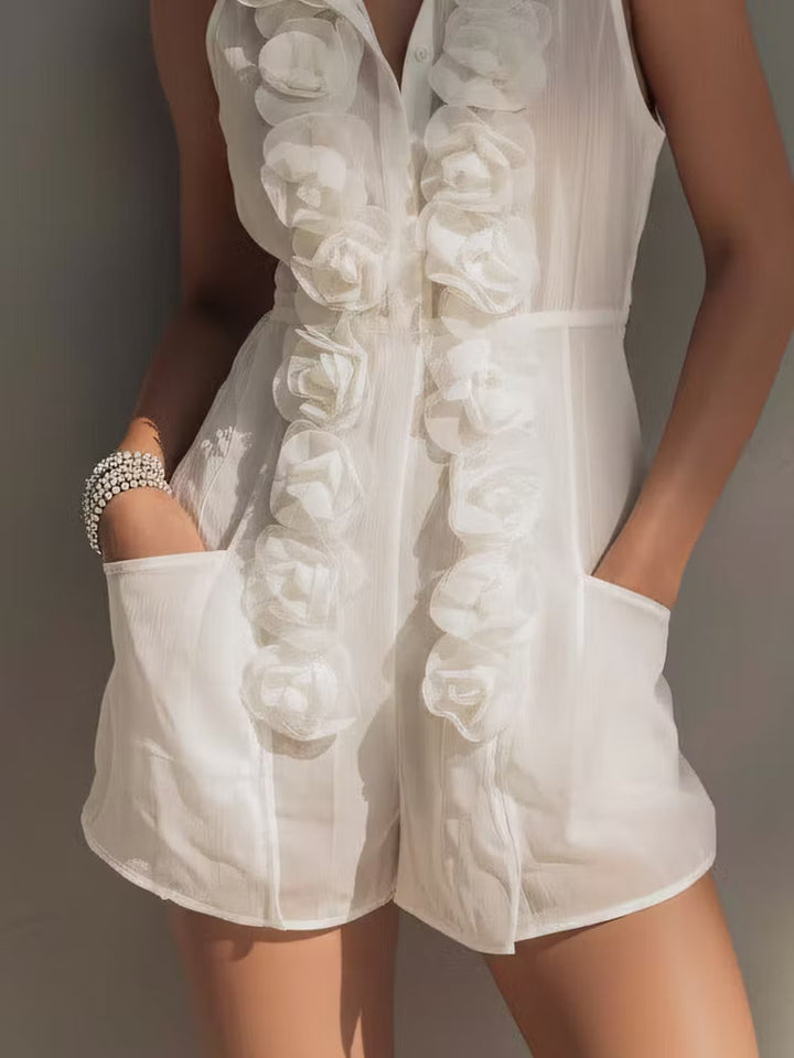 White Cotton-Linen Sleeveless Jumpsuit with 3D Floral Motif