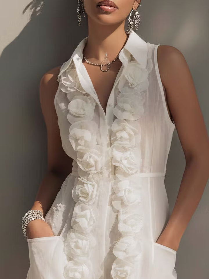 White Cotton-Linen Sleeveless Jumpsuit with 3D Floral Motif