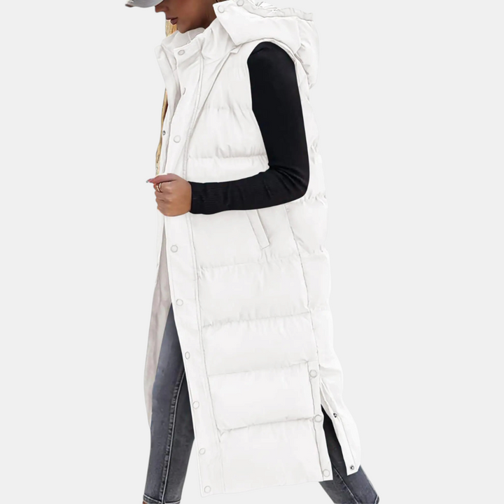 Women's Puffer Vest Quilted Hooded Maxi Length Button Down