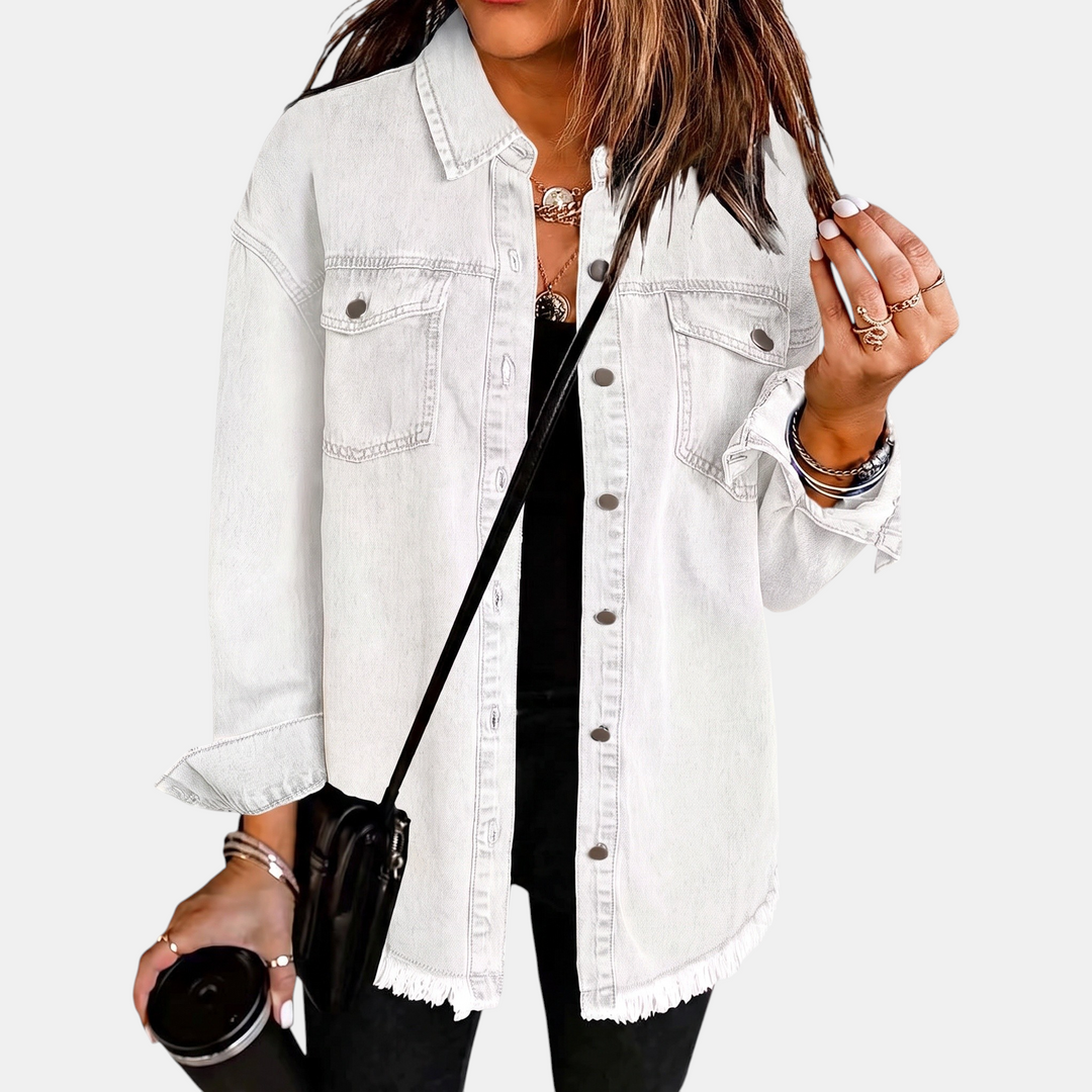 Women's Raw Hem Snap Button Washed Denim Jacket