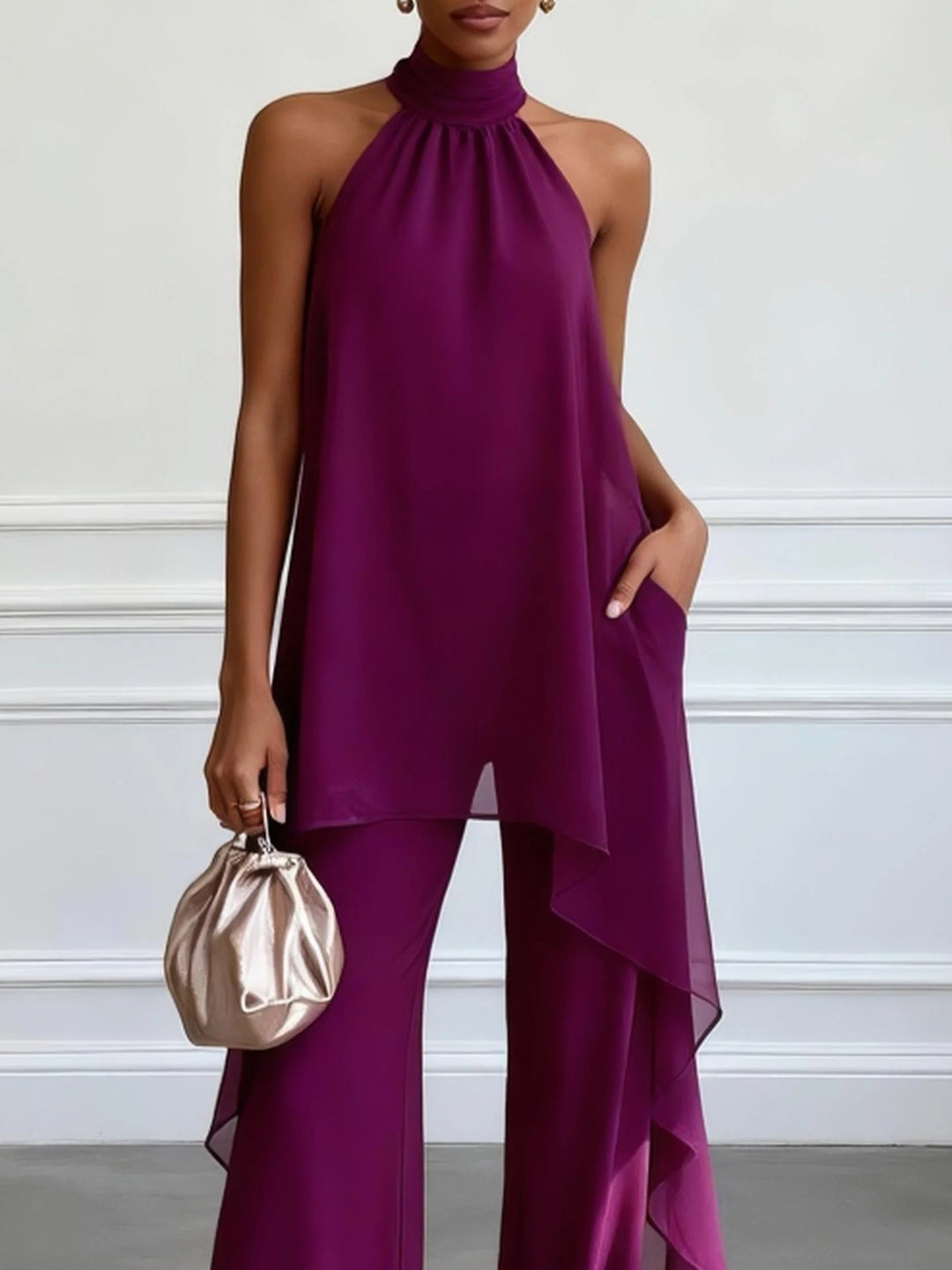 Elegant Sleeveless Purple Top with Trousers Two-Piece Set