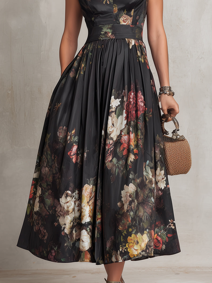 Black Pleated Satin Midi Dress with Keyhole Collar