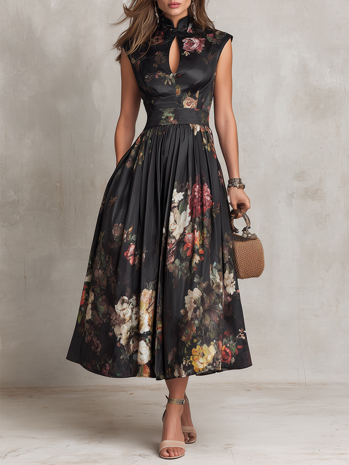 Black Pleated Satin Midi Dress with Keyhole Collar