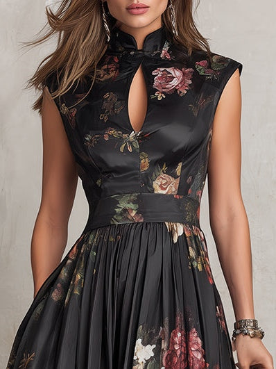 Black Pleated Satin Midi Dress with Keyhole Collar