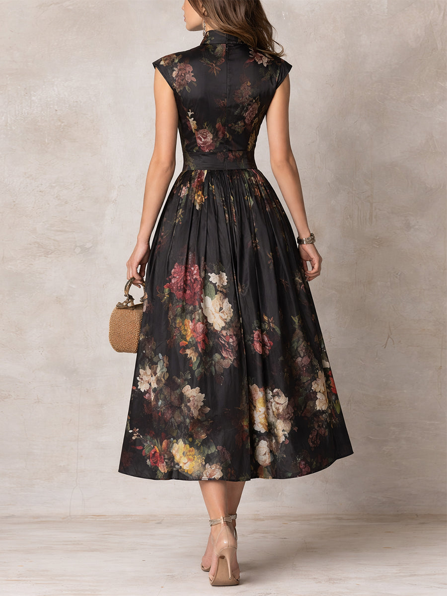 Black Pleated Satin Midi Dress with Keyhole Collar
