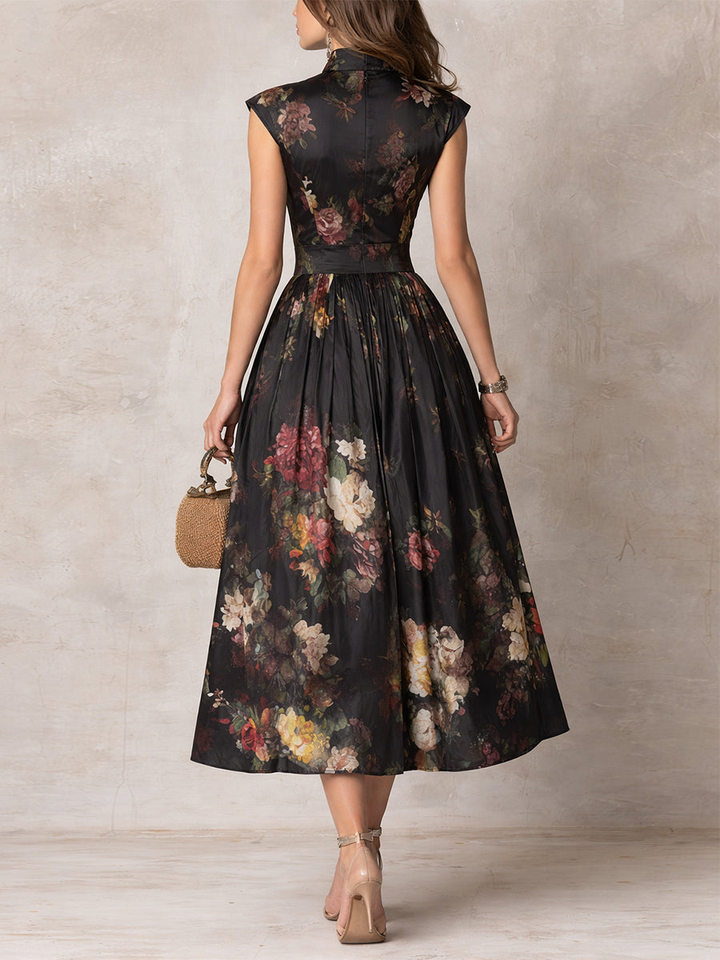 Black Pleated Satin Midi Dress with Keyhole Collar