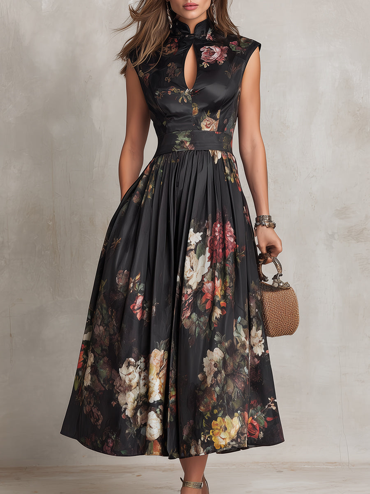 Black Pleated Satin Midi Dress with Keyhole Collar