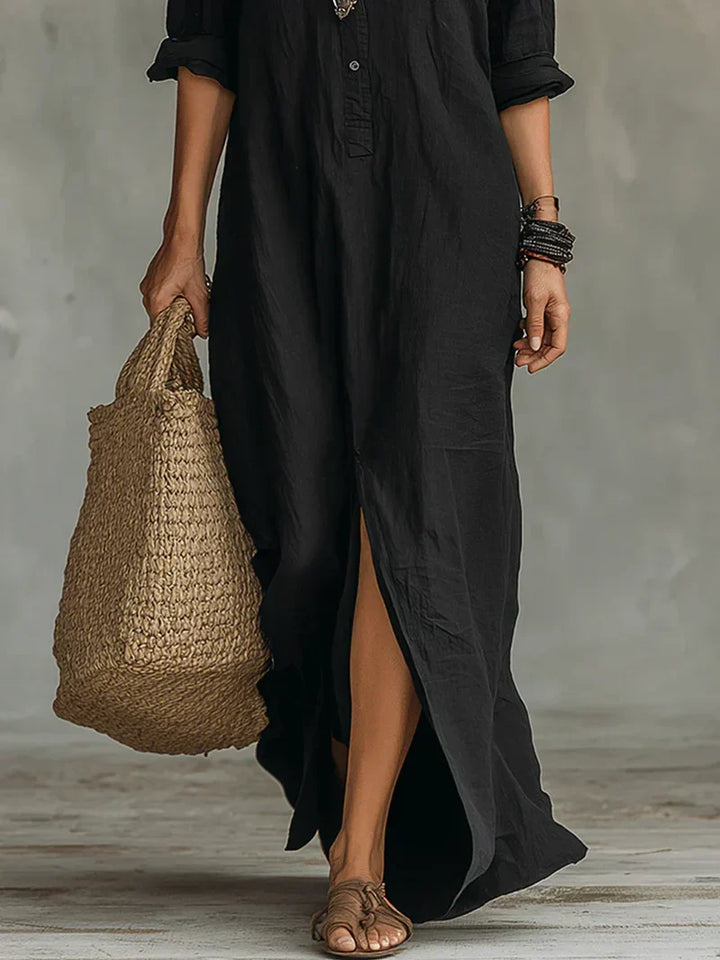 Céline™ | Black Wide Maxi Dress with Buttons