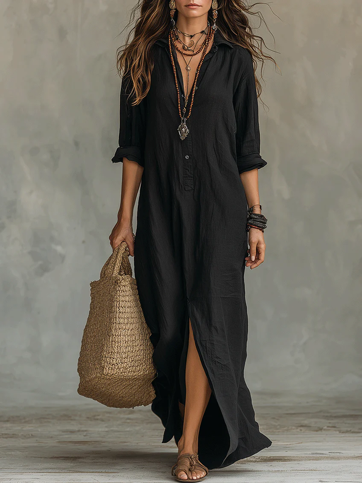 Soline™ | Long Black Maxi Dress with Buttons