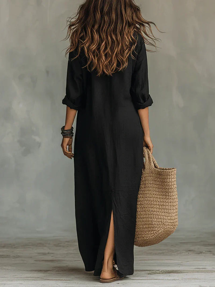 Céline™ | Black Wide Maxi Dress with Buttons