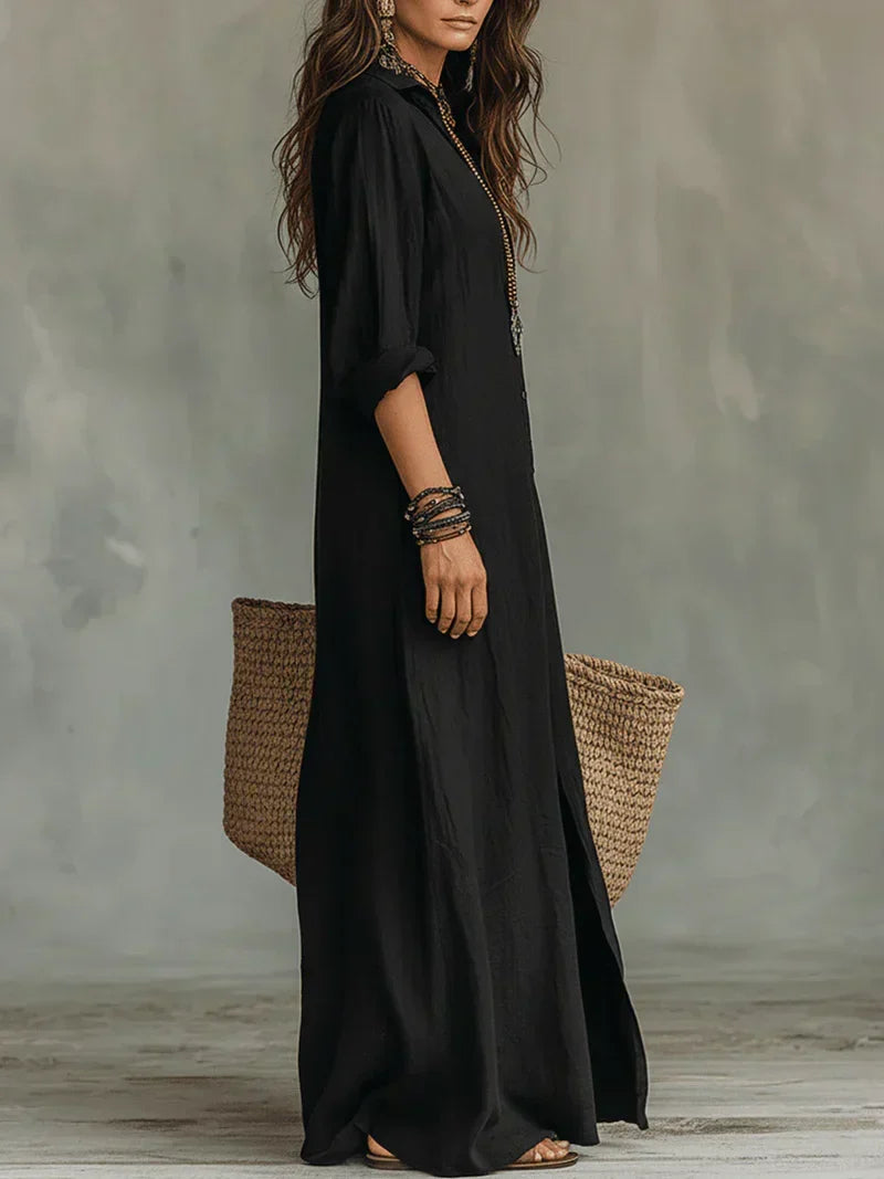 Céline™ | Black Wide Maxi Dress with Buttons