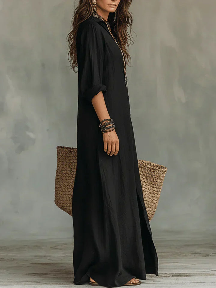 Céline™ | Black Wide Maxi Dress with Buttons