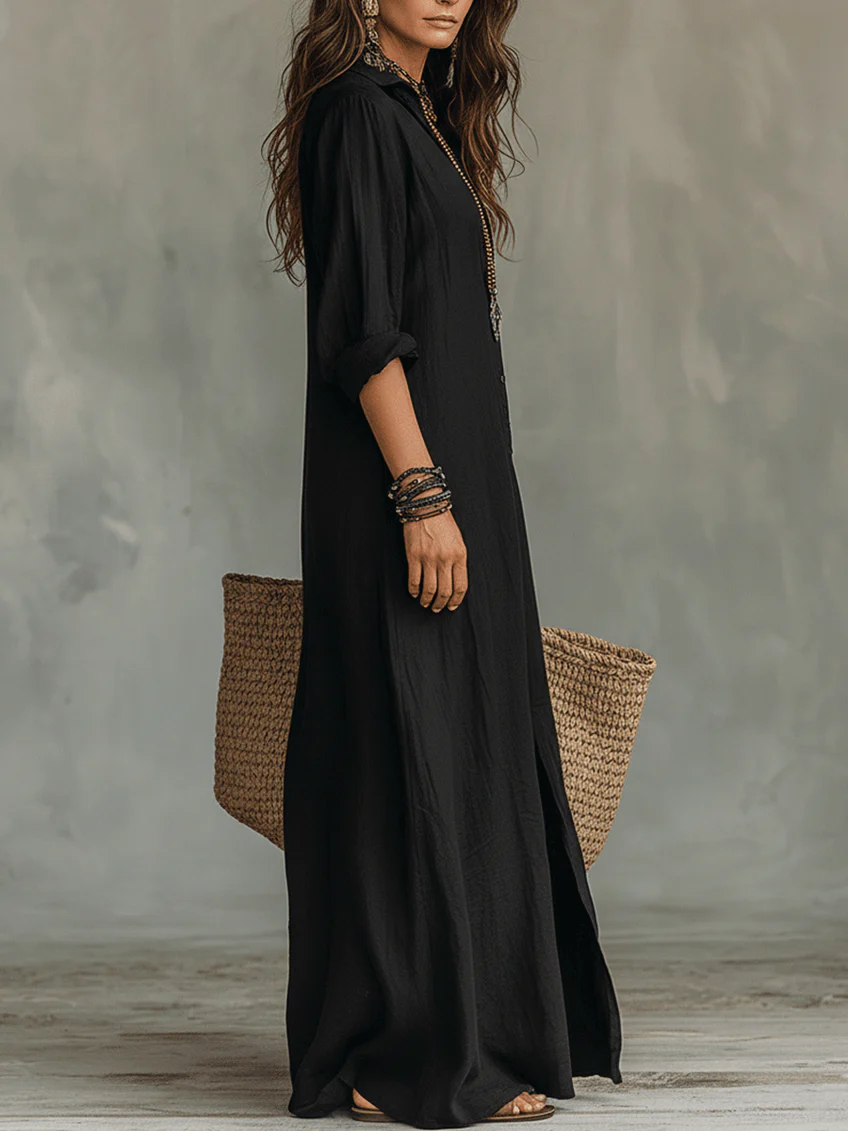 Soline™ | Long Black Maxi Dress with Buttons