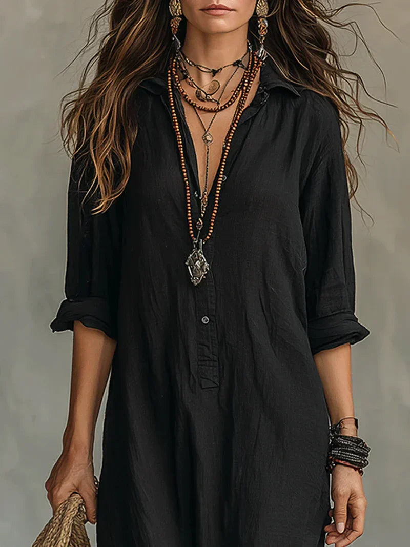 Céline™ | Black Wide Maxi Dress with Buttons