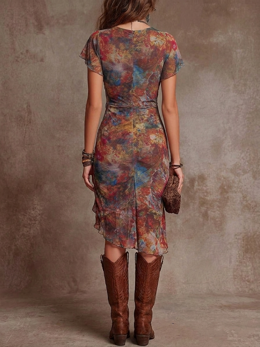 Midi Pleated Dress with V-Neck and Bohemian Abstract Print