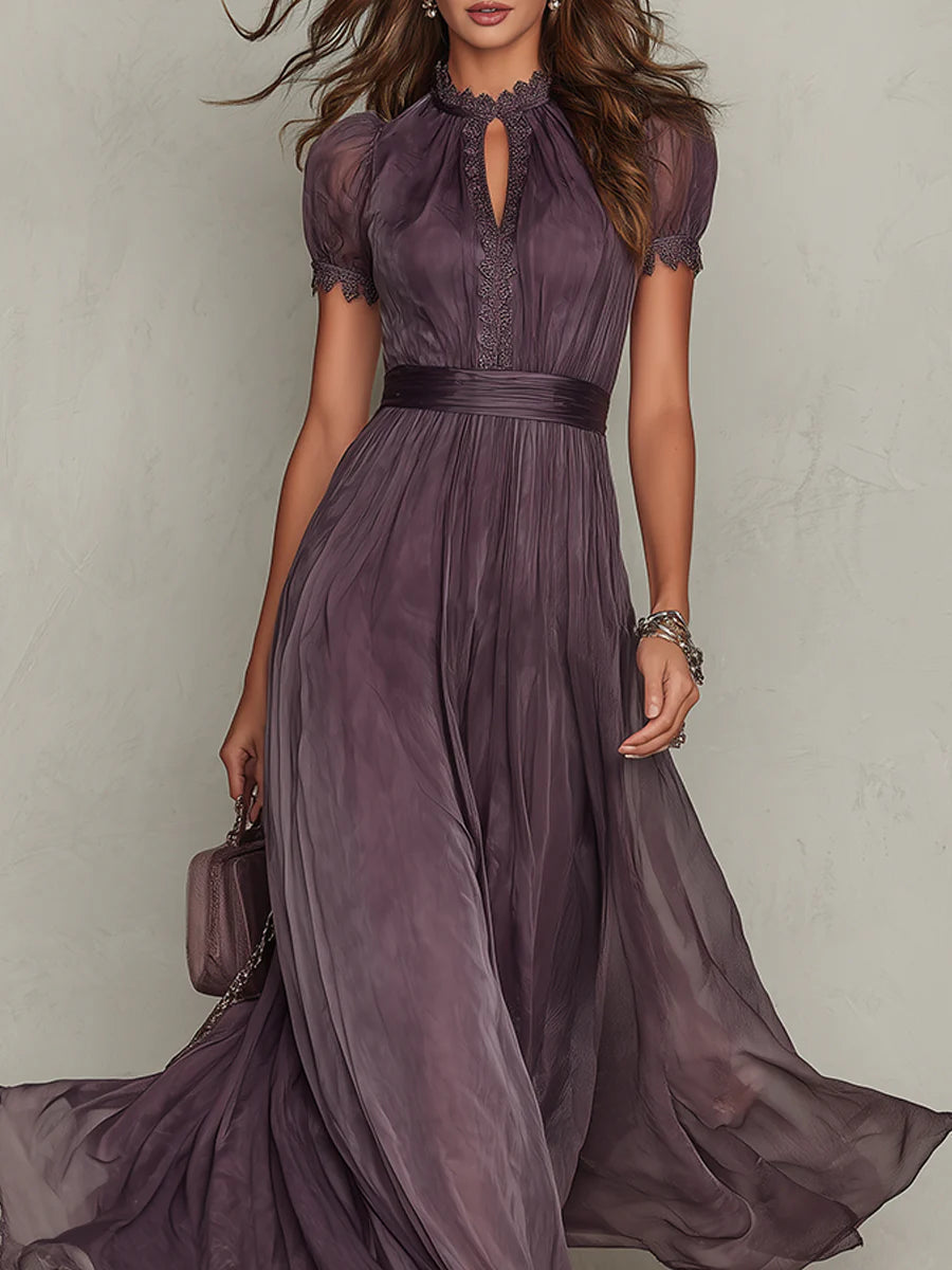 Maxi Chiffon Dress with Keyhole Neckline and Purple Lace Trim