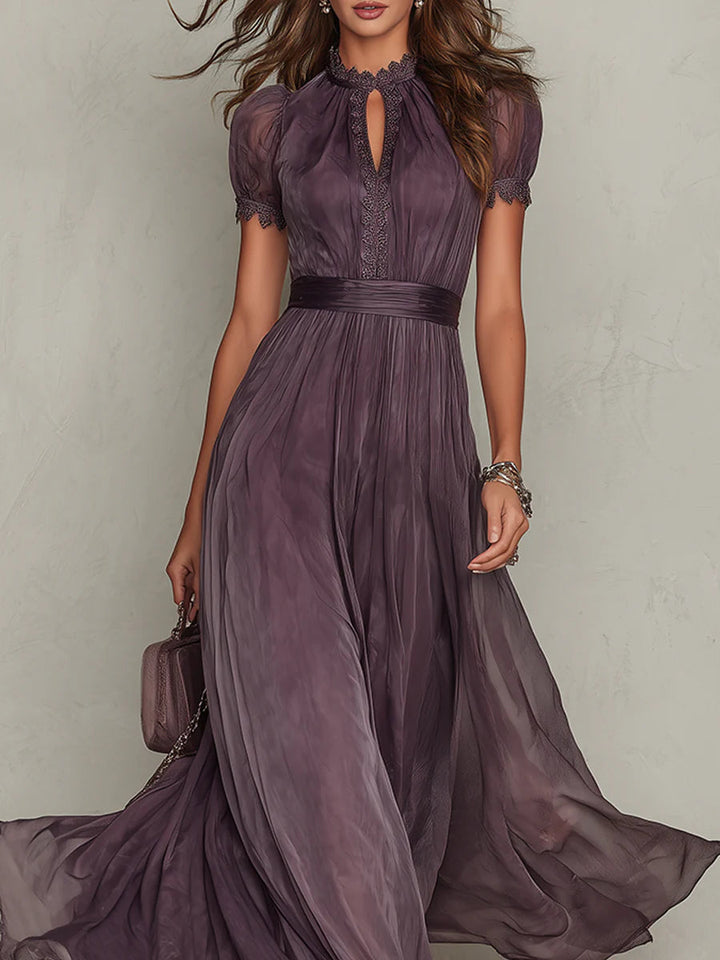Maxi Chiffon Dress with Keyhole Neckline and Purple Lace Trim