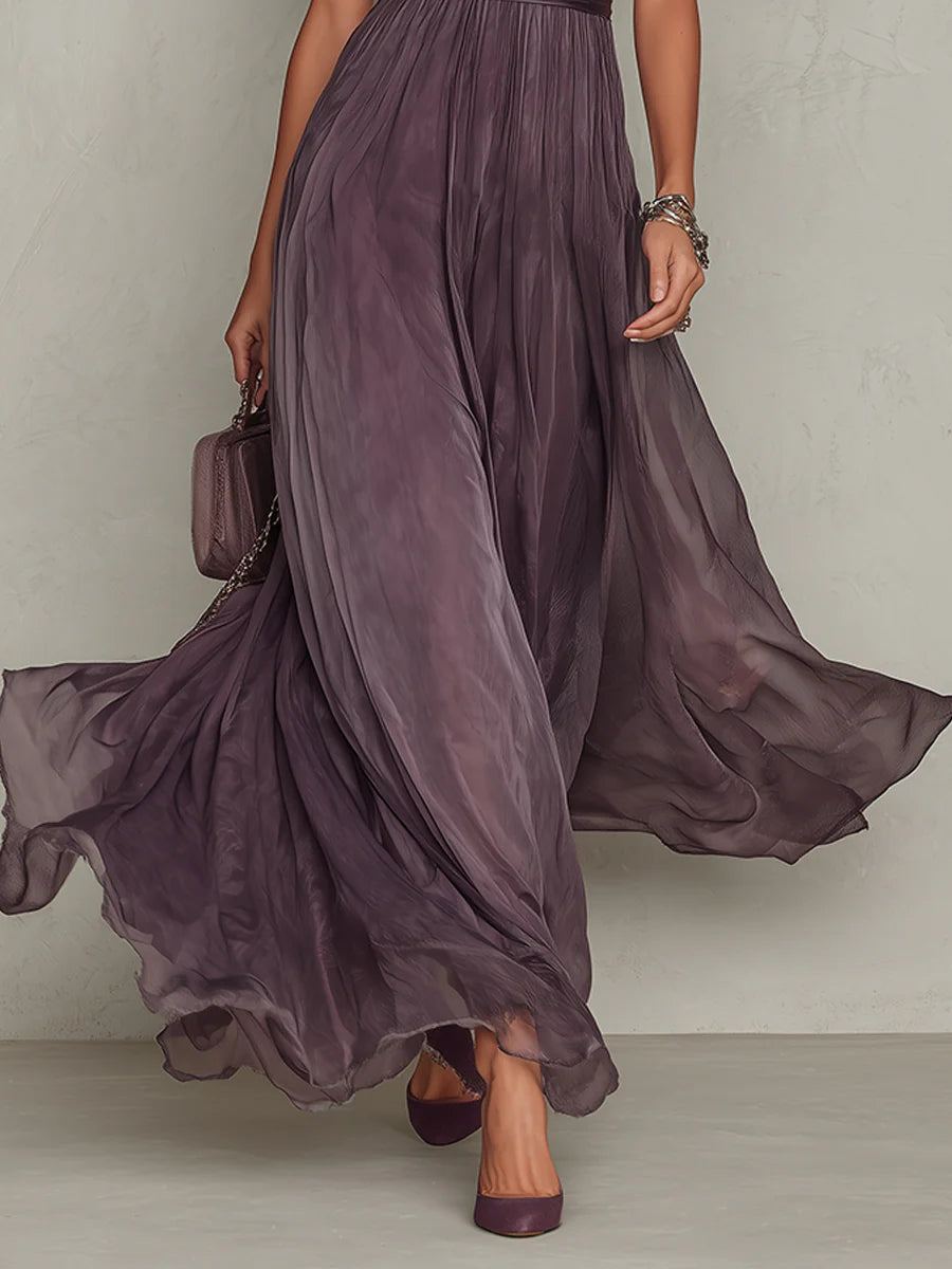 Maxi Chiffon Dress with Keyhole Neckline and Purple Lace Trim