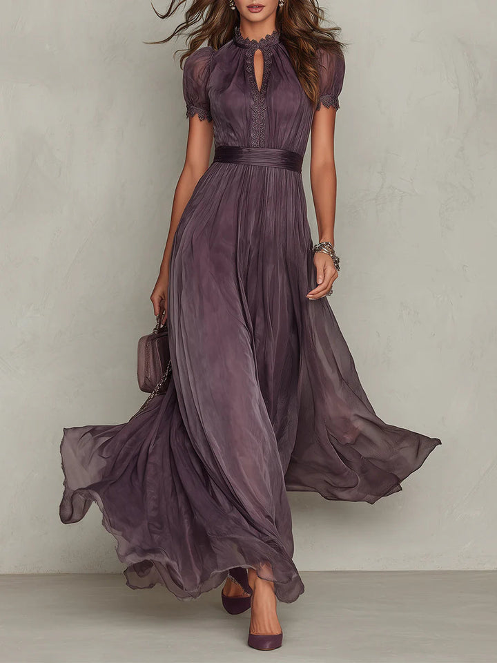 Maxi Chiffon Dress with Keyhole Neckline and Purple Lace Trim