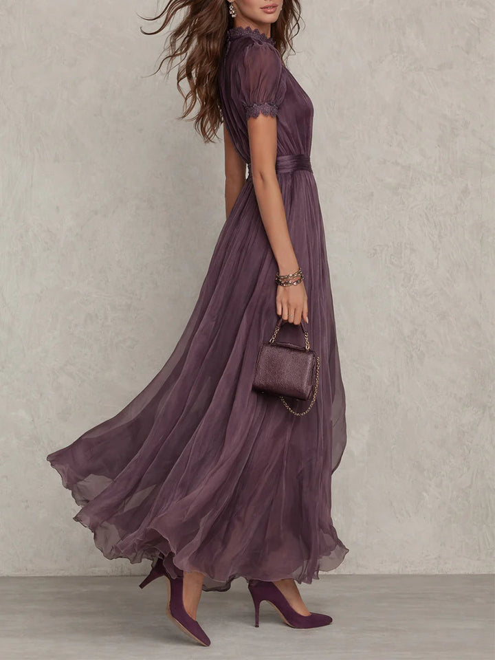 Maxi Chiffon Dress with Keyhole Neckline and Purple Lace Trim